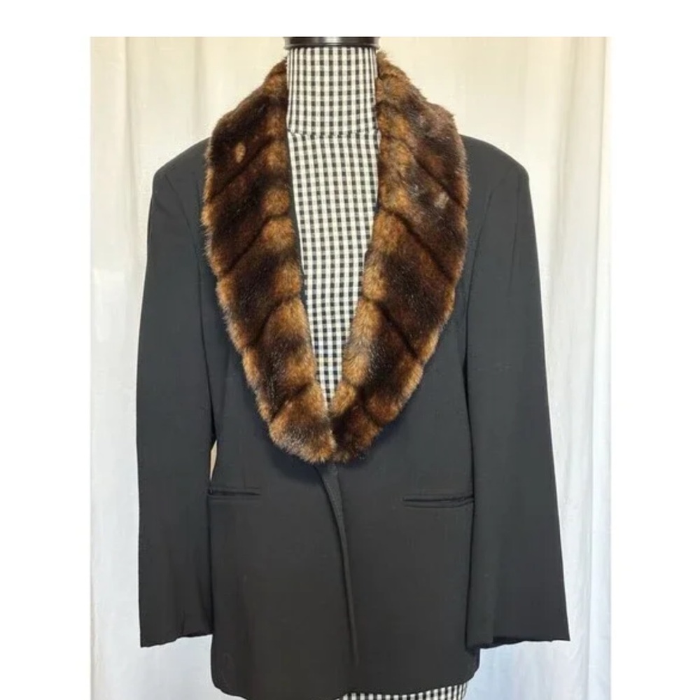Vintage Lauren Ralph Lauren Black Blazer Brown Faux Fur Shawl Collar 100% wool